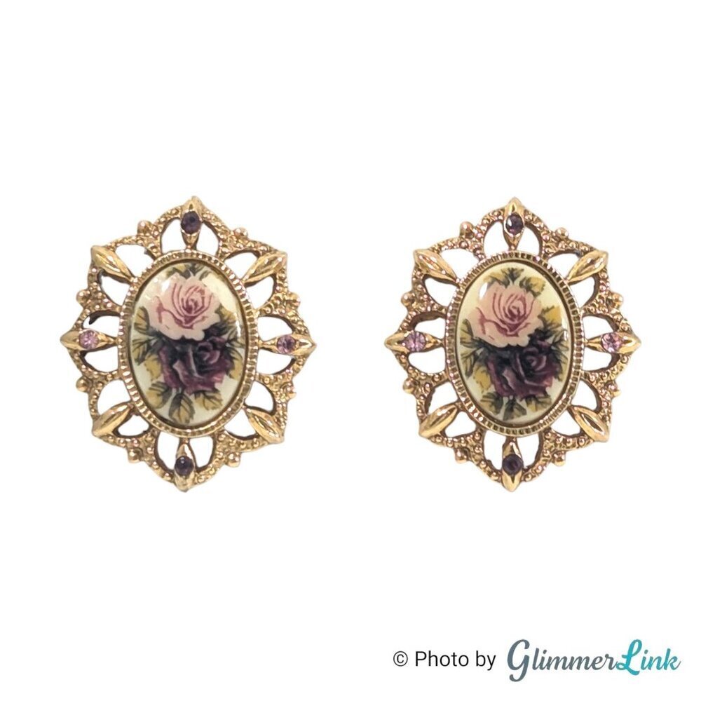 Vintage 1928 Company Victorian Style Porcelain Rose Gold Tone Clip On Earrings